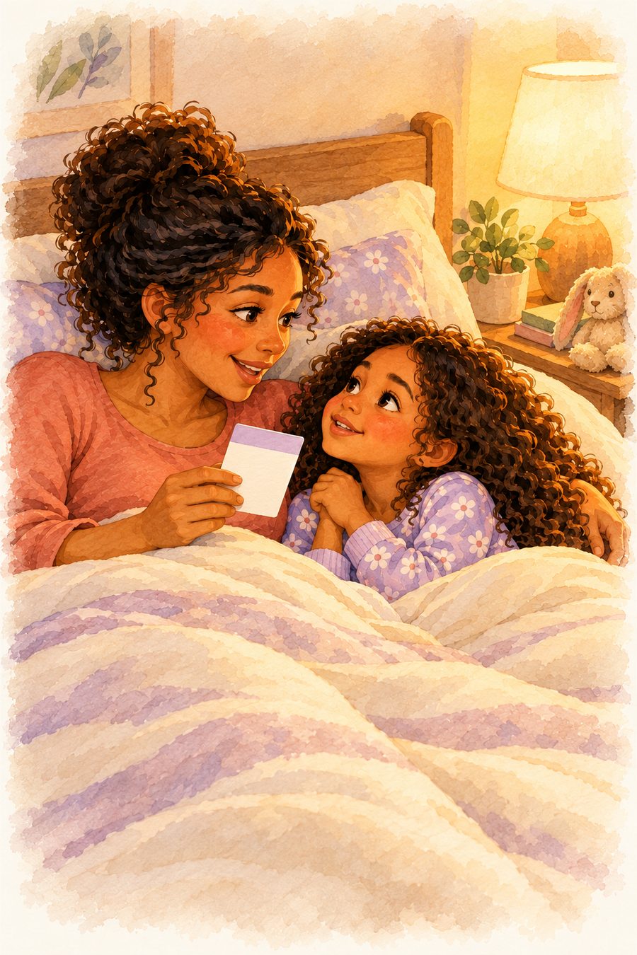 Ilustração de uma mãe e uma filha na cama, em frente a um abajur aceso, enquanto a mãe segura uma carta da Mesa de Fé