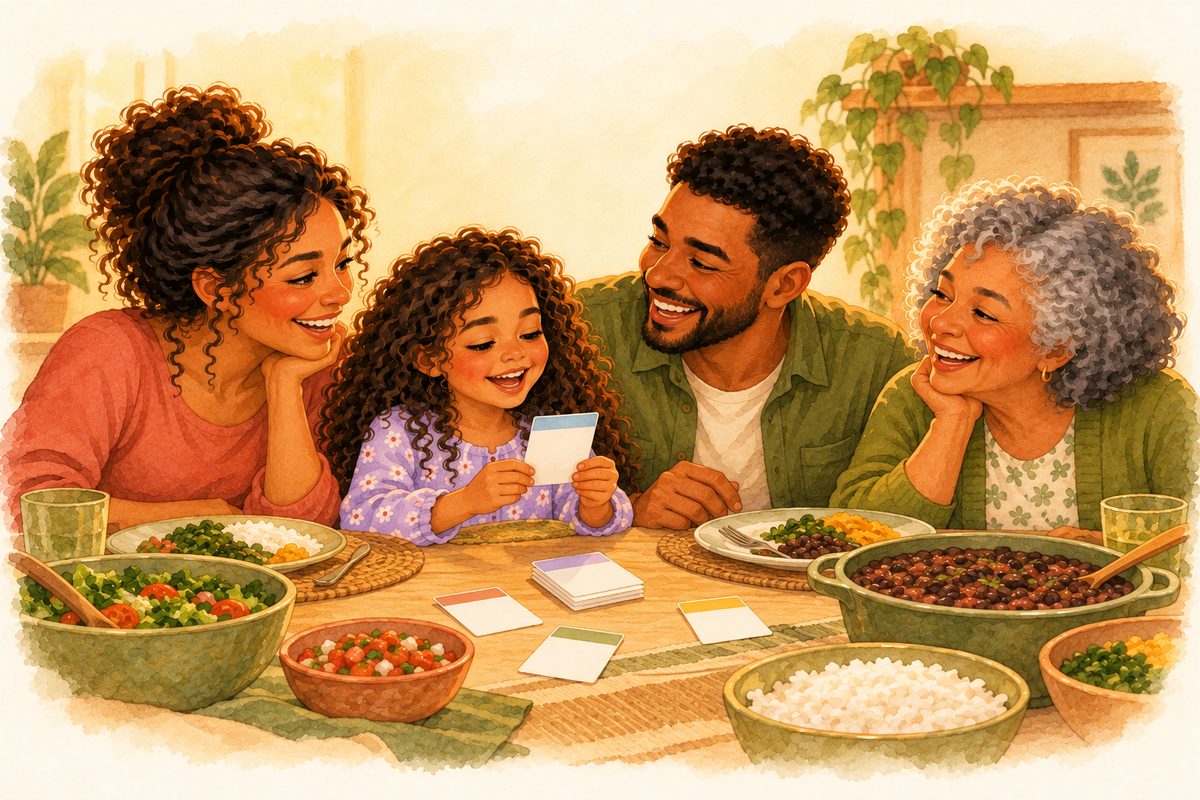 Ilustração em aquarela de uma família reunida em volta da mesa cheia de comida, sorrindo enquanto a filha pequena segura uma carta